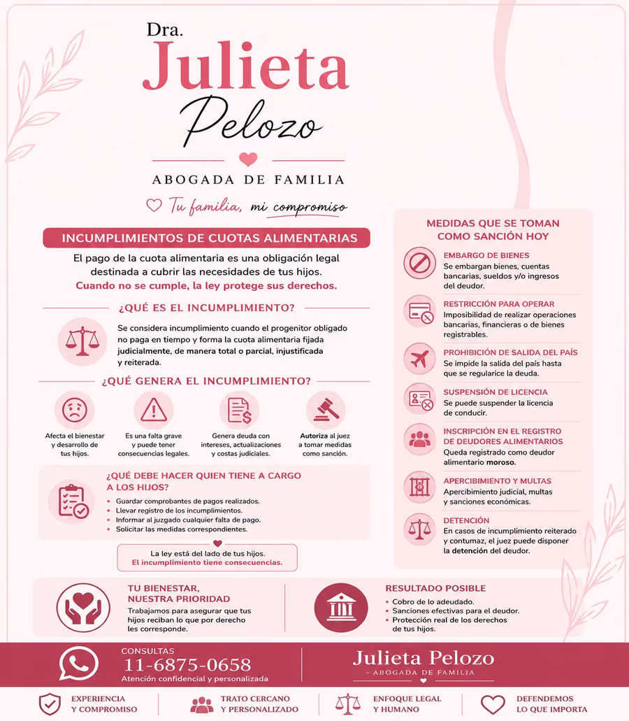 Infografía sobre incumplimientos de cuotas alimentarias — Dra. Julieta Pelozo
